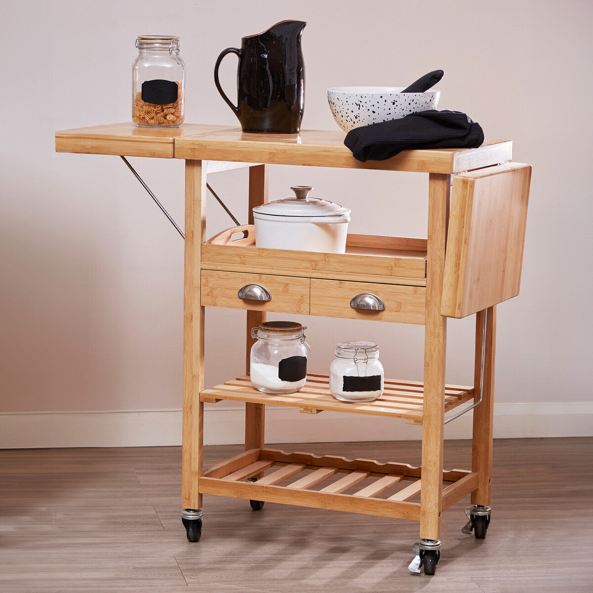 Natural Kitchen Trolley with Drawers and Shelves | Harlow