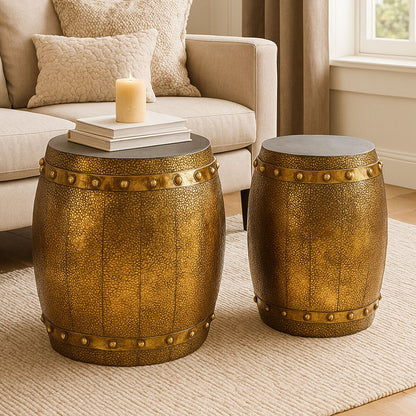 Reza Set of 2 Hammered Drum Stools and Tables