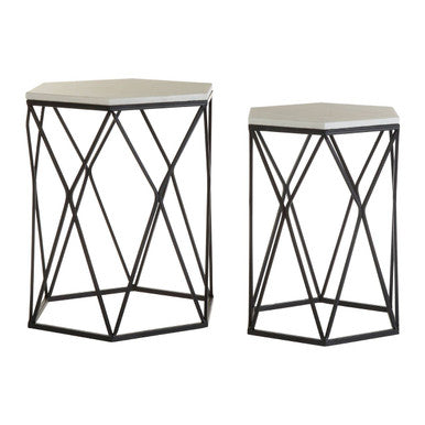 Arcana Marble and Black Metal Set Of Two Hexagonal Side Tables