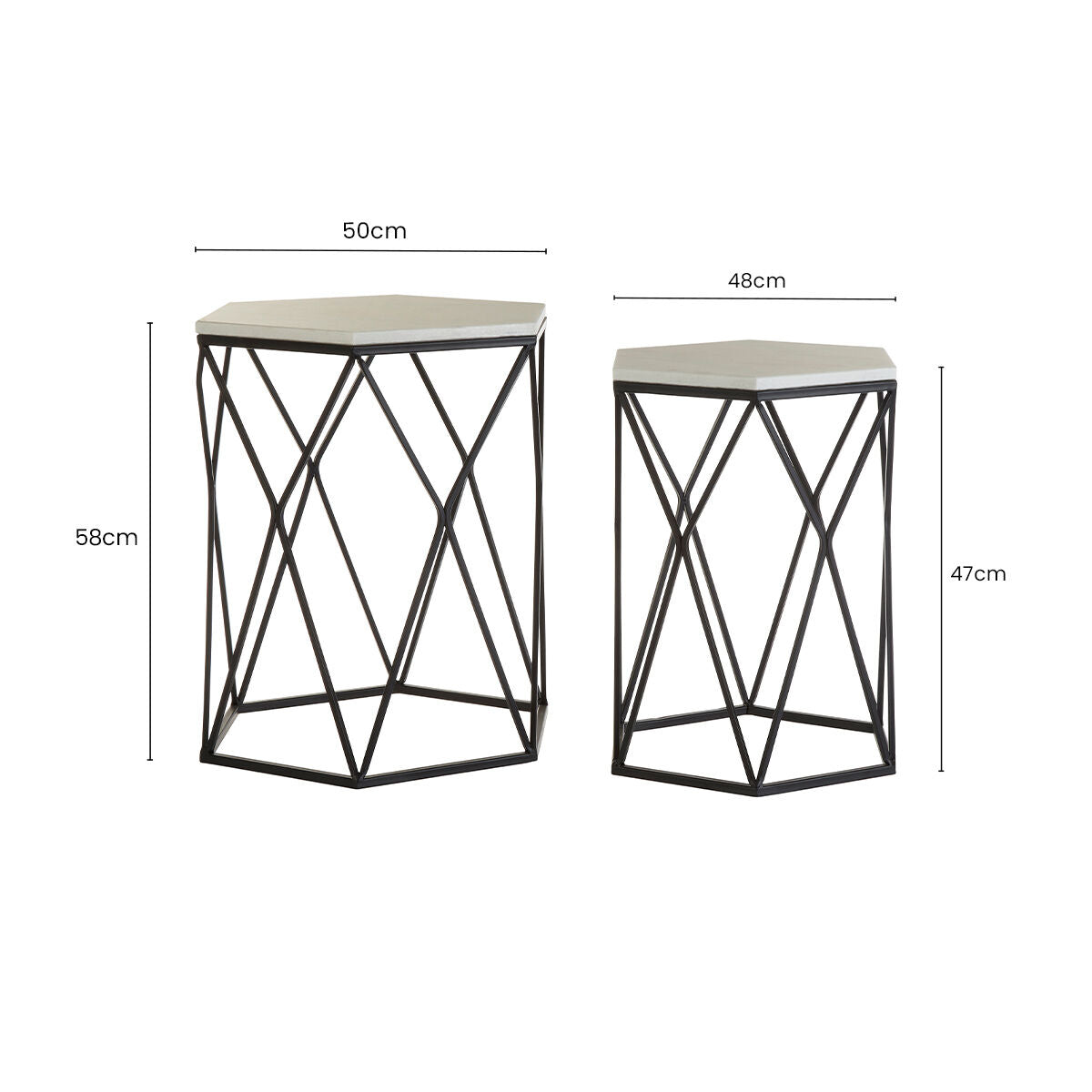 White Marble Top and Black Metal Frame Set of 2 Hexagonal Side Tables | Arcana