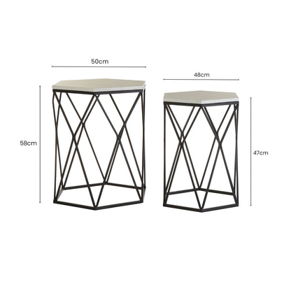 White Marble Top and Black Metal Frame Set of 2 Hexagonal Side Tables | Arcana