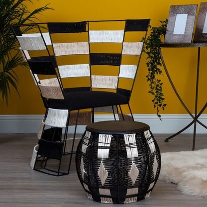 Fusion Black, White and Beige Woven Fabric Chair with Black Metal Frame