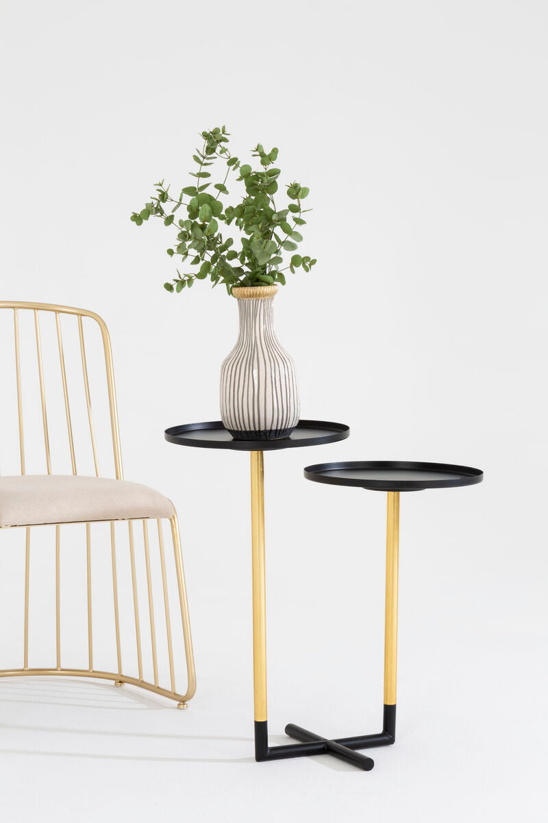 Black and Gold Metal 2-Tier Side Table with Intersecting Base Design | Halle