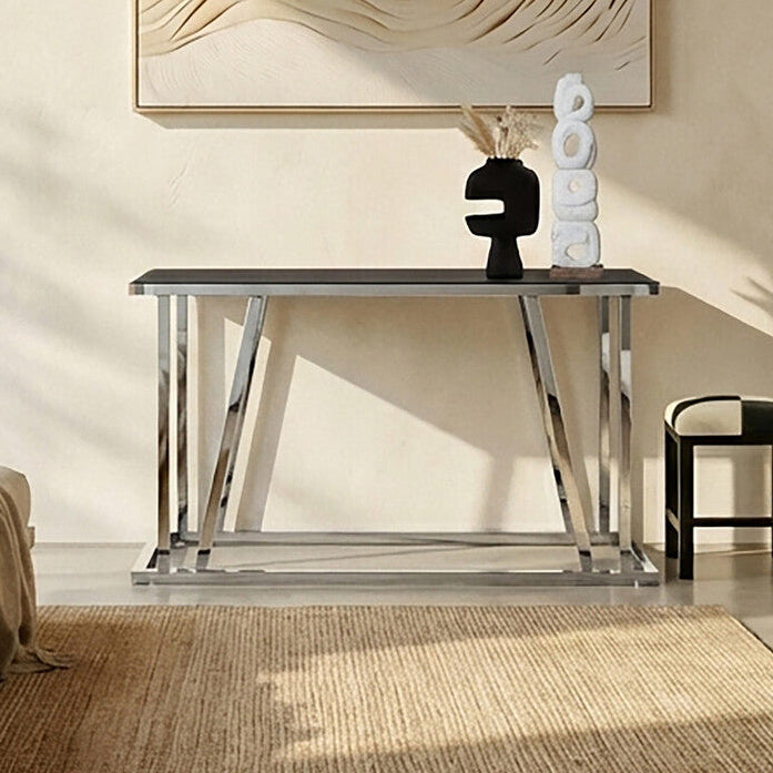 Black Tempered Glass Top Console Table with Reflective Chrome Silver Steel Base | Ackley