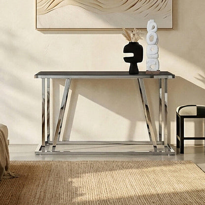 Black Tempered Glass Top Console Table with Reflective Chrome Silver Steel Base | Ackley