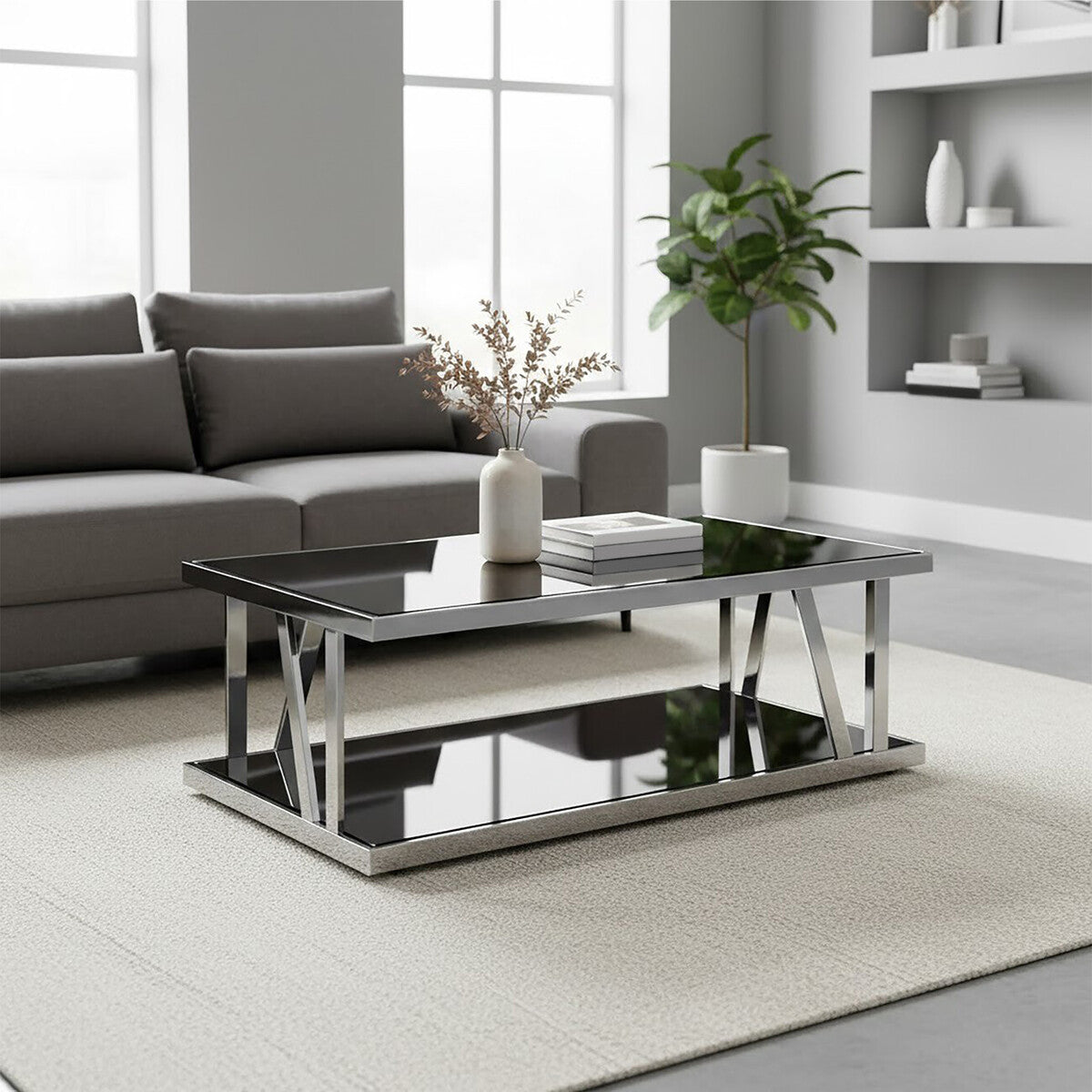 Ackley Silver Coffee Table With Black Glass