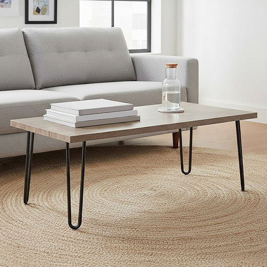 Natural Wood Effect Veneer Coffee Table with Black Metal Hairpin Legs | Borough