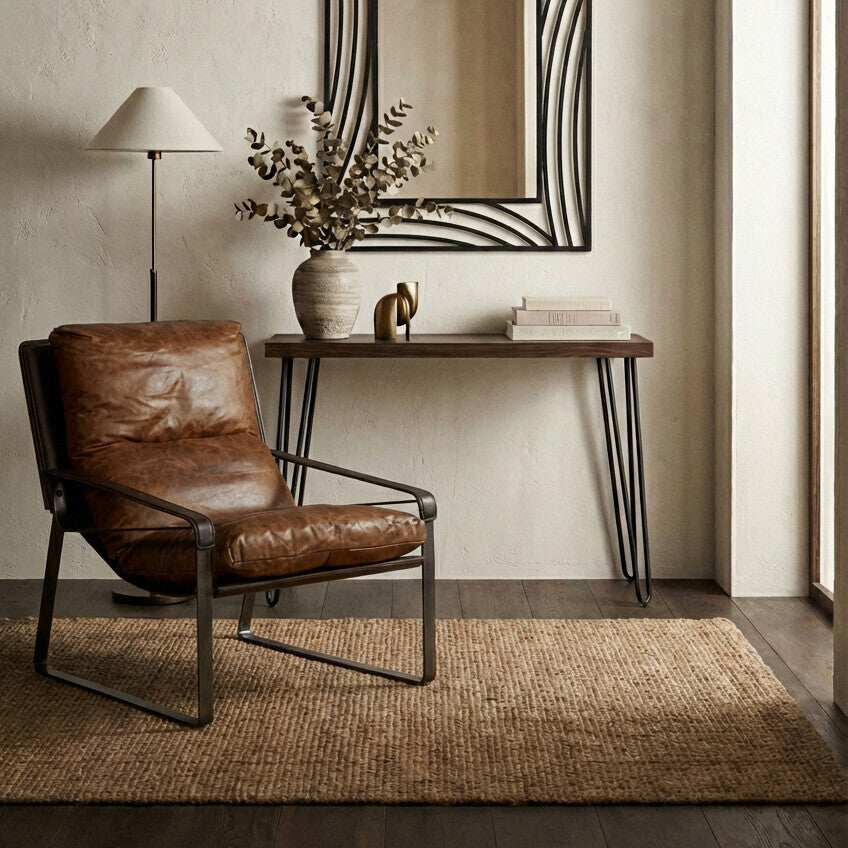 Natural Veneer Wooden Top Console Table with Hairpin Metal Legs | Borough