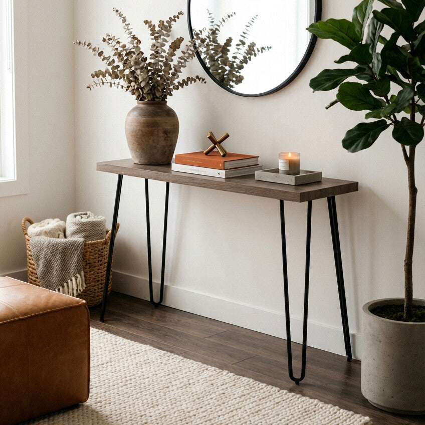 Natural Veneer Wooden Top Console Table with Hairpin Metal Legs | Borough