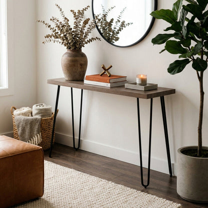 Natural Veneer Wooden Top Console Table with Hairpin Metal Legs | Borough