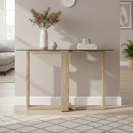 Barton Glass Console Table with Wood Effect Legs