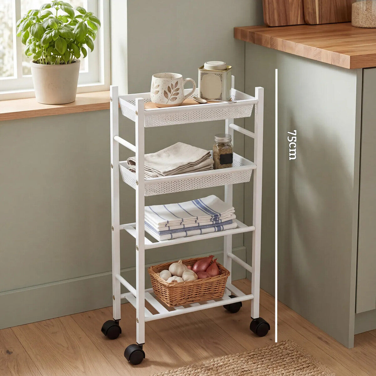 Dara 4 Tier White Trolley with Basket