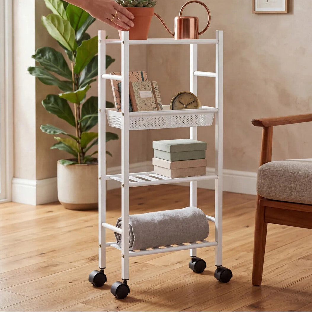 Dara 4 Tier White Trolley with Basket