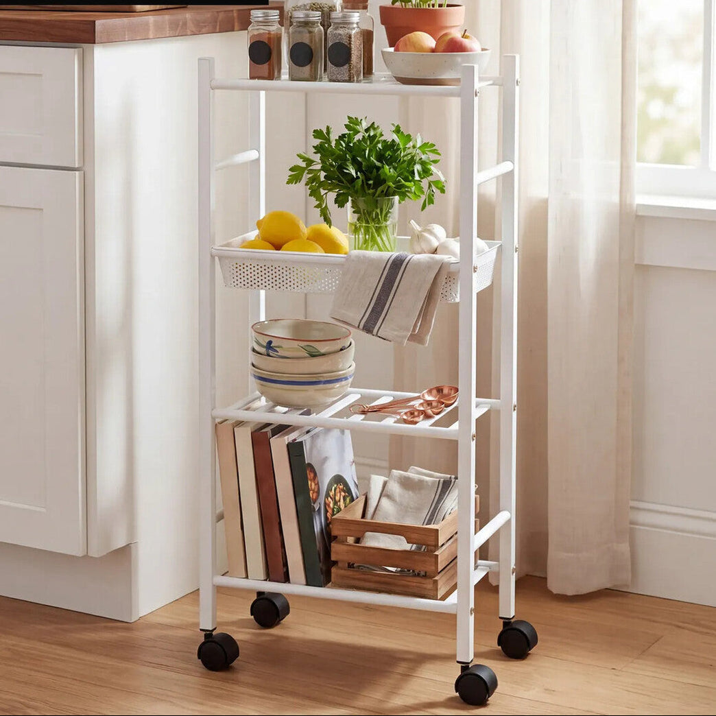 Dara 4 Tier White Trolley with Basket