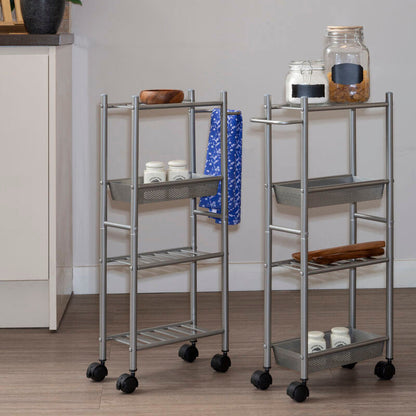 Dara 4 Tier Silver Metal Trolley with Basket