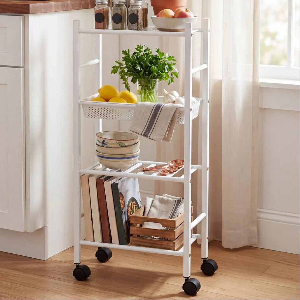 Dara 4 Tier Silver Metal Trolley with Basket