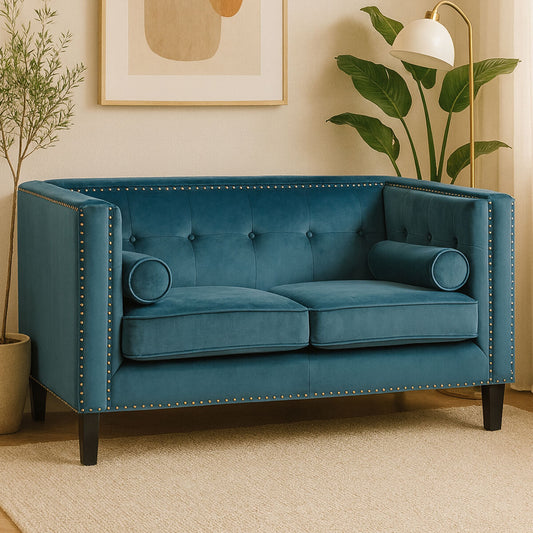 Felisa Two Seat Teal Blue Velvet Sofa