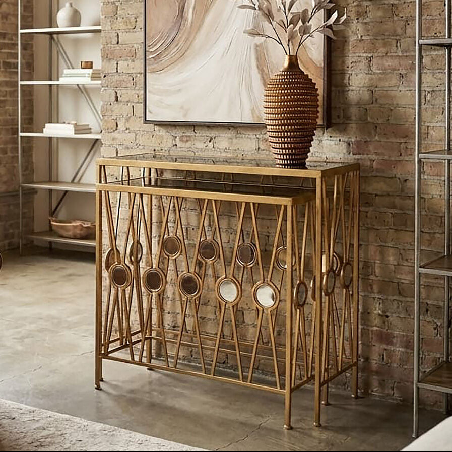 Set of 2 Art Deco Black Glass Top Console Tables with Gold Finish Metal Base | Faiza