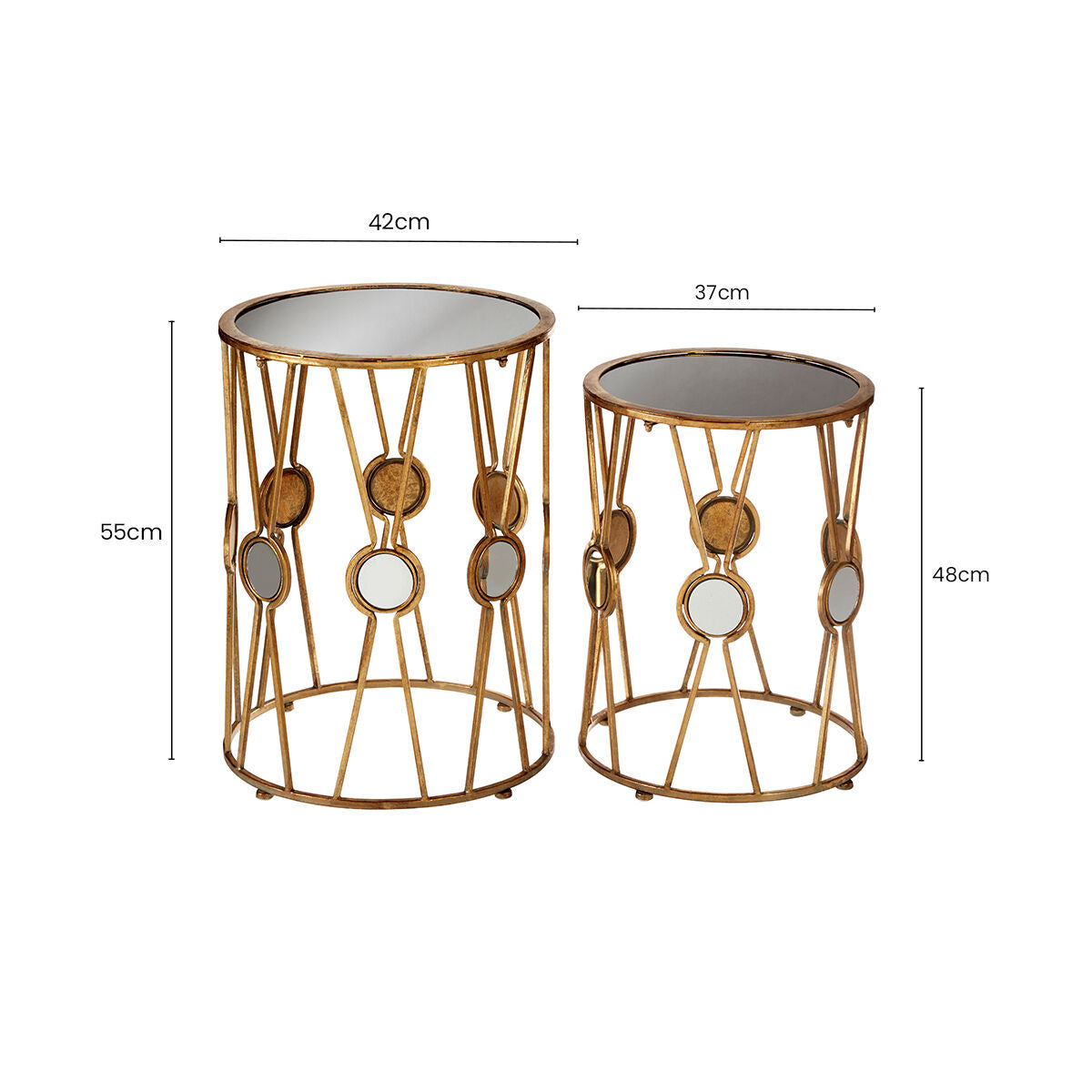 Set of 2 Black Glass Top and Gold Cross Design Rounded Side Tables with Mirror Detail | Faiza