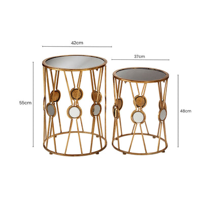 Set of 2 Black Glass Top and Gold Cross Design Rounded Side Tables with Mirror Detail | Faiza