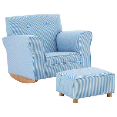 Kids Blue And White Stripe Rocking Chair With Footstool