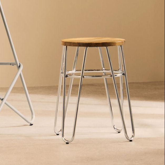 District Chrome Wood Stool with Hairpin Legs