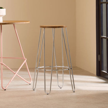 District Chrome Elm Wood Stool with Hairpin Legs