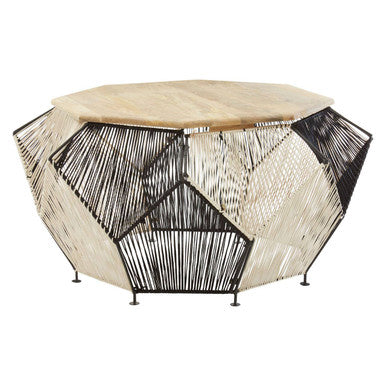Natural Mango Wood Top Hexagon Coffee Table with Two Tone Black and Silver Geometric Woven Base | Fusion