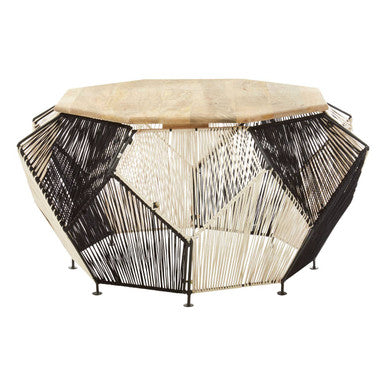 Natural Mango Wood Top Hexagon Coffee Table with Two Tone Black and Silver Geometric Woven Base | Fusion