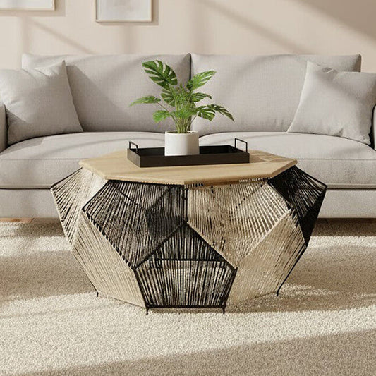 Natural Mango Wood Top Hexagon Coffee Table with Two Tone Black and Silver Geometric Woven Base | Fusion