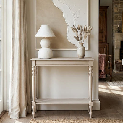 Grey Pine Wood Console Table with Spindle Legs and Bottom Shelf, Heritage