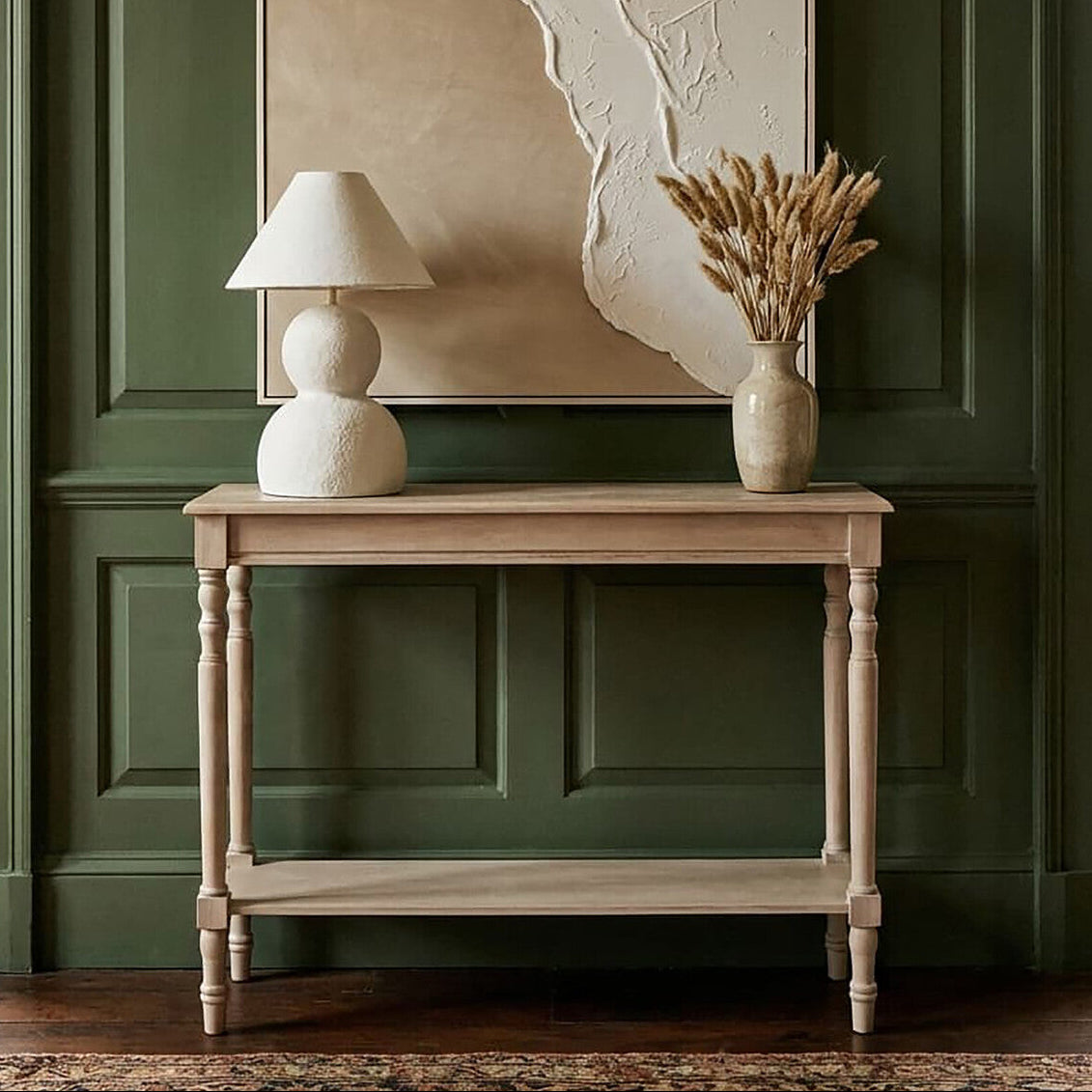 Grey Pine Wood Console Table with Spindle Legs and Bottom Shelf, Heritage