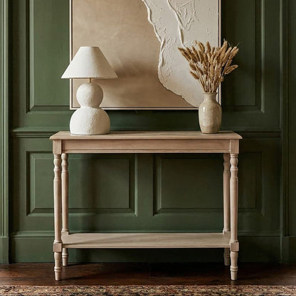Grey Pine Wood Console Table with Spindle Legs and Bottom Shelf, Heritage