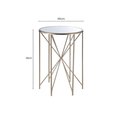 Round Mirrored Side Table with Champagne Geometric Base | Arcana