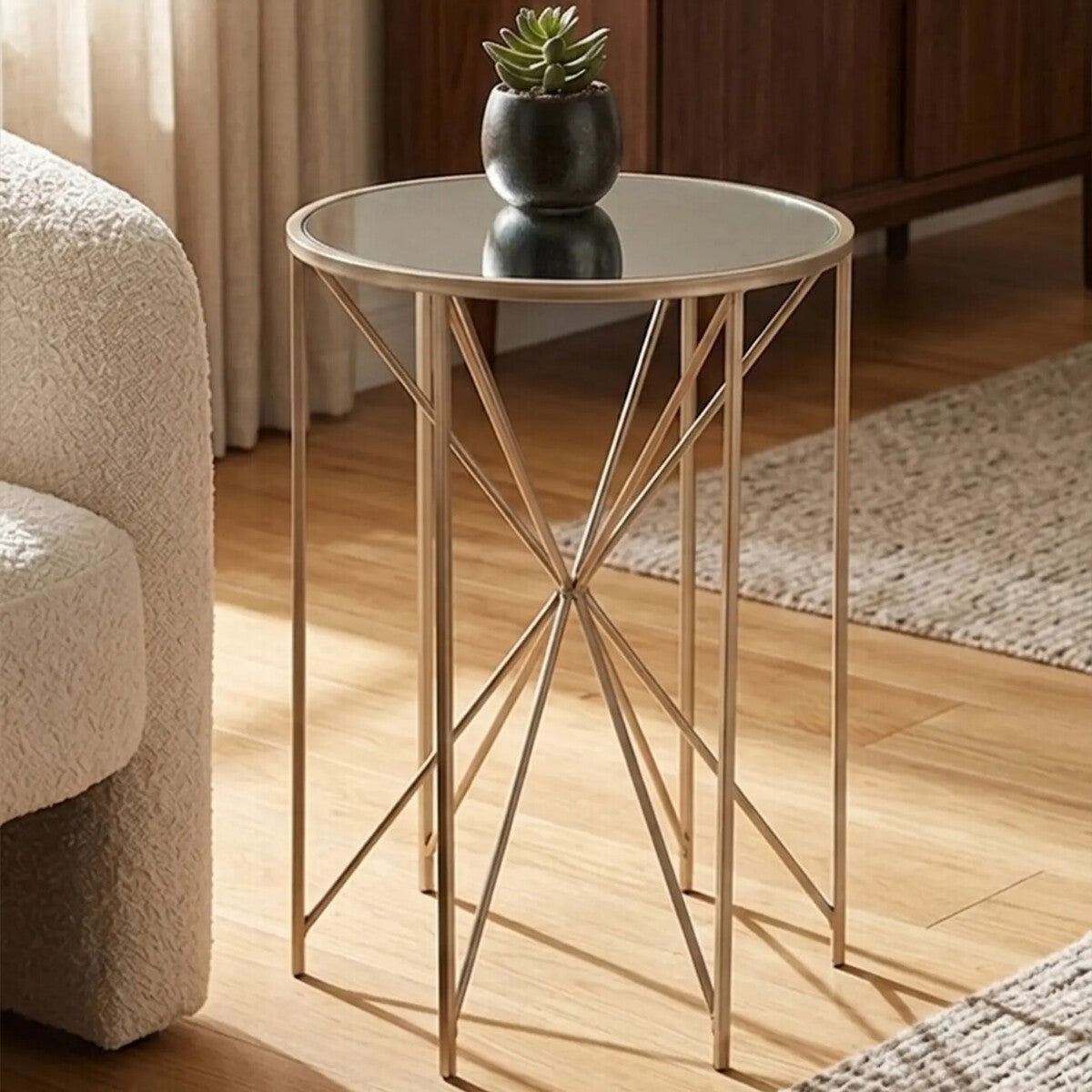 Round Mirrored Side Table with Champagne Geometric Base | Arcana