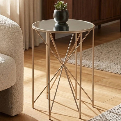 Round Mirrored Side Table with Champagne Geometric Base | Arcana