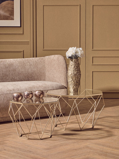 Set of 2 Gold Finish Geometric Design Side Tables with Tempered Glass Top | Arcana