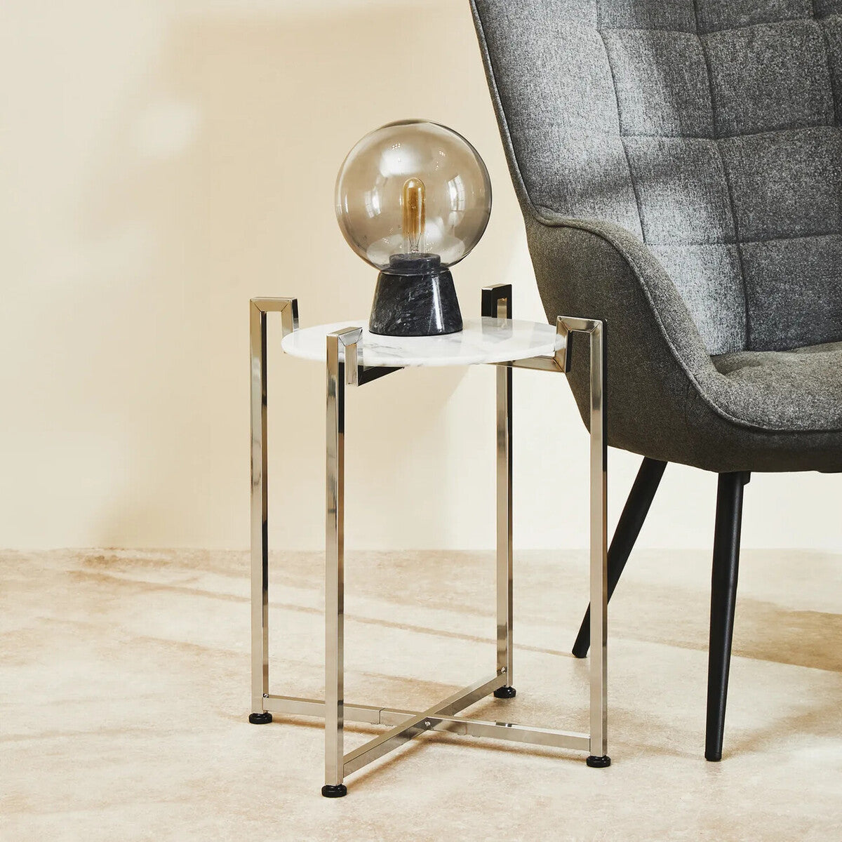 White Marble Top Side Table with Angular Chrome Metal Frame | Cibal