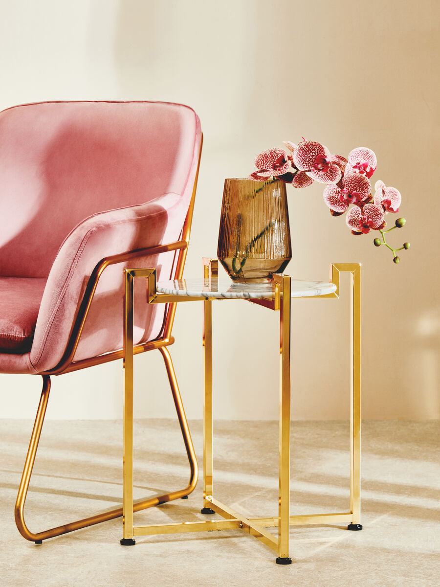 White Marble Top Side Table with Angular Gold Finish Metal Frame | Cibal