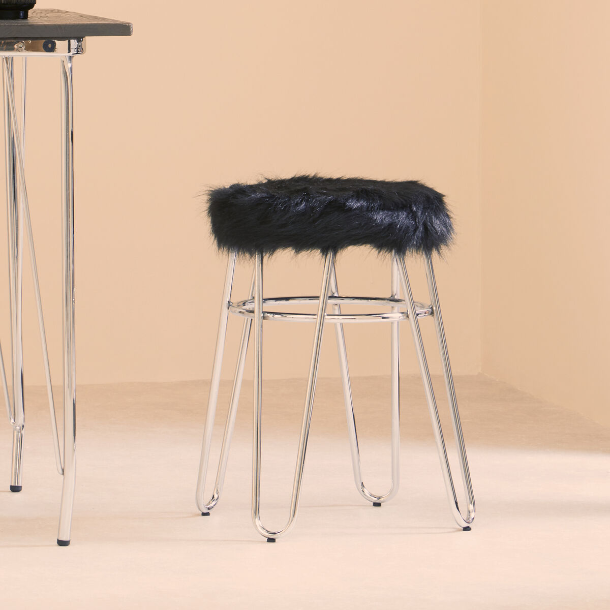 District Black Faux Fur Stool with Silver Metal Base