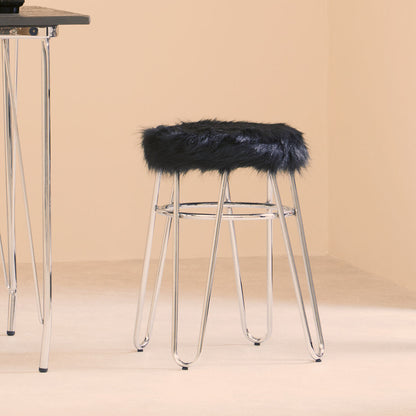 District Black Faux Fur Stool with Silver Metal Base