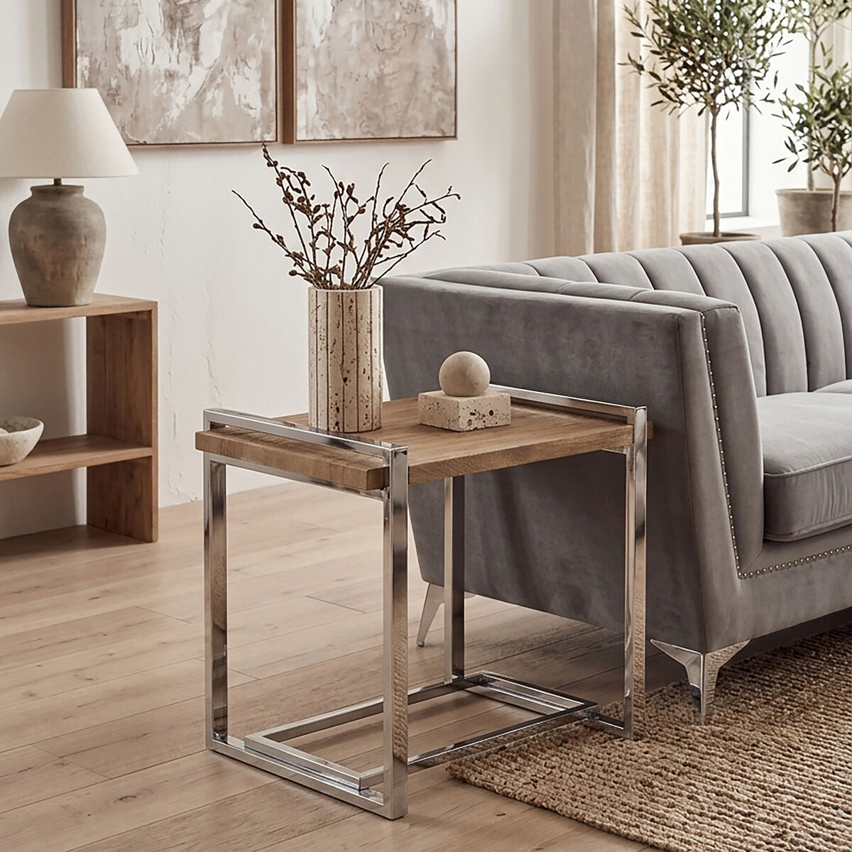 Natural Recycled Elm Wood Top Side Table with Metal Base | Menteng