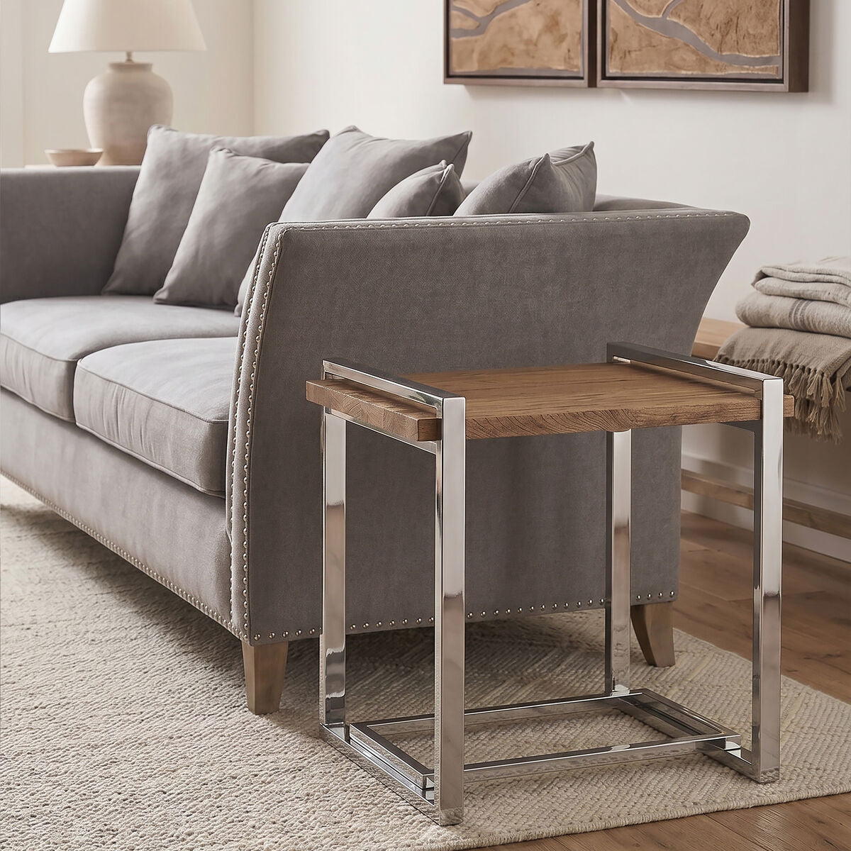 Natural Recycled Elm Wood Top Side Table with Metal Base | Menteng