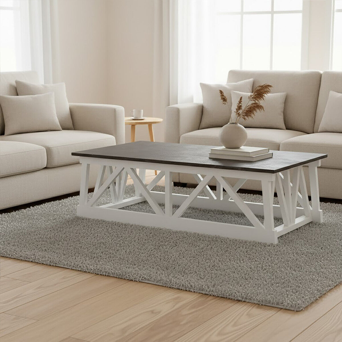 Black Stone Top Coffee Table with White Alder Wood Carved Base, Monas