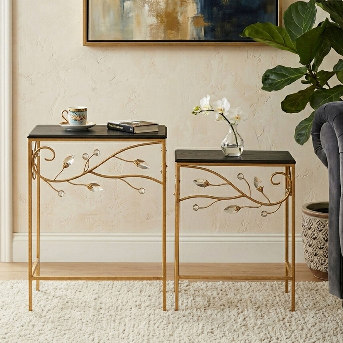 Set of 2 Black Wooden Top Tables with Gold Metal Frame | Yaxi