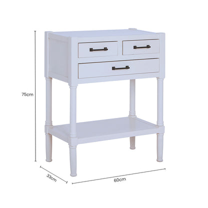 Pearl White Finish Wooden Console Table with Three Drawers and Lower Storage Shelf, Heritage