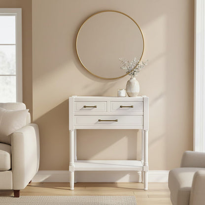Pearl White Finish Wooden Console Table with Three Drawers and Lower Storage Shelf, Heritage