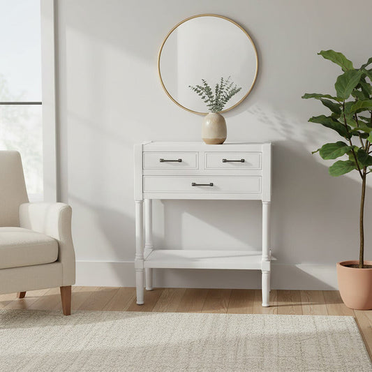 Pearl White Finish Wooden Console Table with Three Drawers and Lower Storage Shelf, Heritage