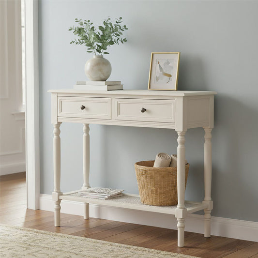 White Finish Wooden Console Table with 2 Drawers and Lower Storage Shelf, Heritage
