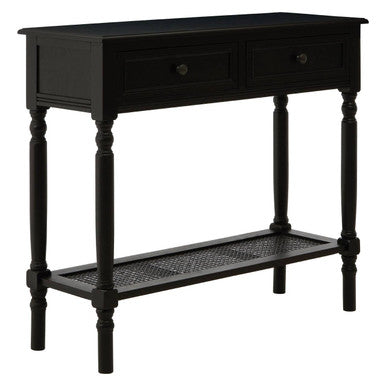 Antique Black Wash Wooden 2-Drawer Console Table with Lower Cane Detail Display Shelf, Heritage